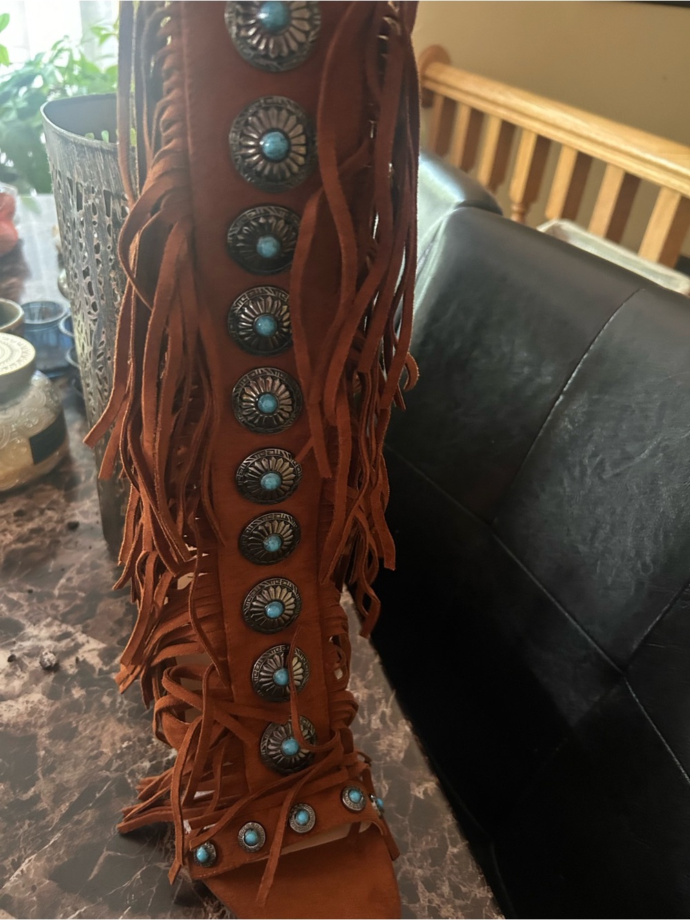 Fringed Suede Boot Cover with Turquoise Conchos - Brown